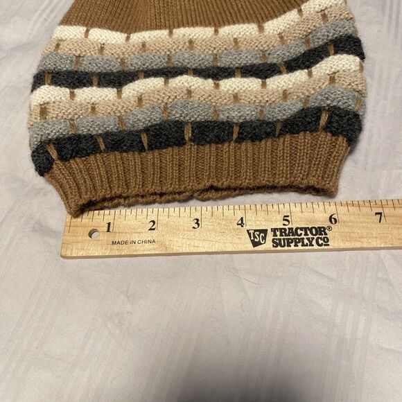 Women’s Classic 100% ALPACA Justin Hazelnut Camel Gray Striped Beanie Hat - Picture 6 of 9